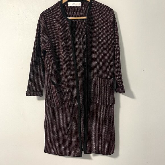 Zara Knit Open Front Longline Cardigan Sweater Duster Black Burgundy Gold S - Picture 1 of 6